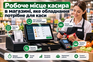 Робоче місце касира в магазині, яке обладнання потрібне для каси фото